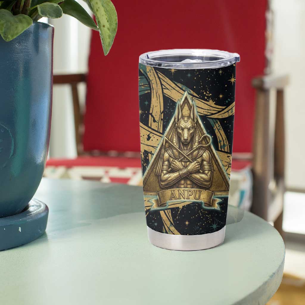 Anubis Ancient Egyptian Tumbler Cup with Starry Mummy Wrap Pattern, Anubis Warrior Illustration, and Pyramid - Wonder Print Shop