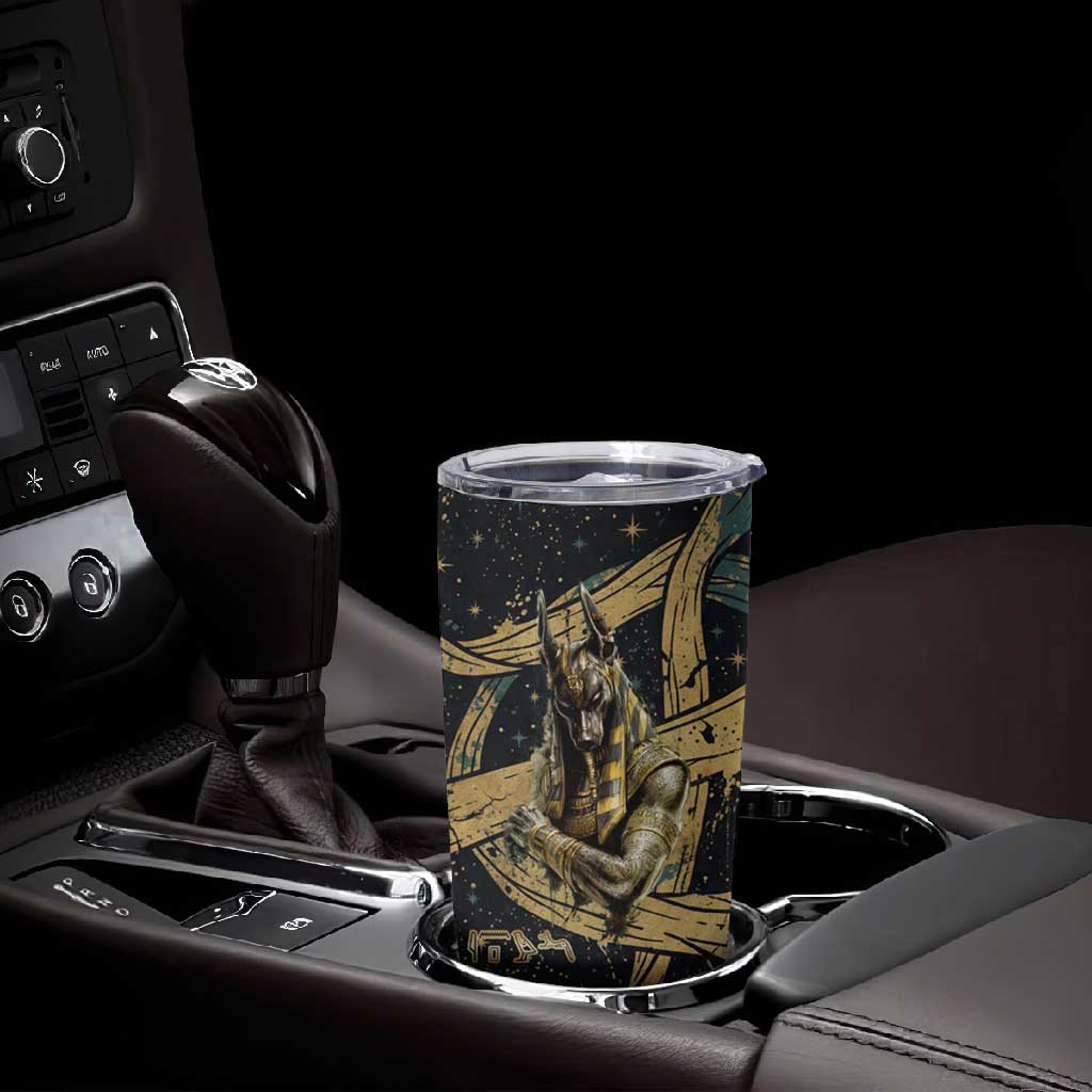 Anubis Ancient Egyptian Tumbler Cup with Starry Mummy Wrap Pattern, Anubis Warrior Illustration, and Pyramid - Wonder Print Shop