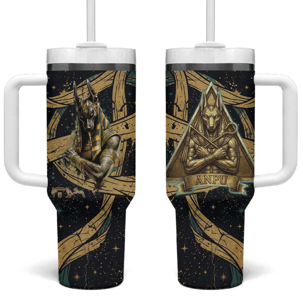 Anubis Ancient Egyptian Tumbler With Handle with Starry Mummy Wrap Pattern, Anubis Warrior Illustration, and Pyramid - Wonder Print Shop