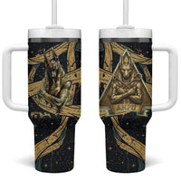 Anubis Ancient Egyptian Tumbler With Handle with Starry Mummy Wrap Pattern, Anubis Warrior Illustration, and Pyramid - Wonder Print Shop