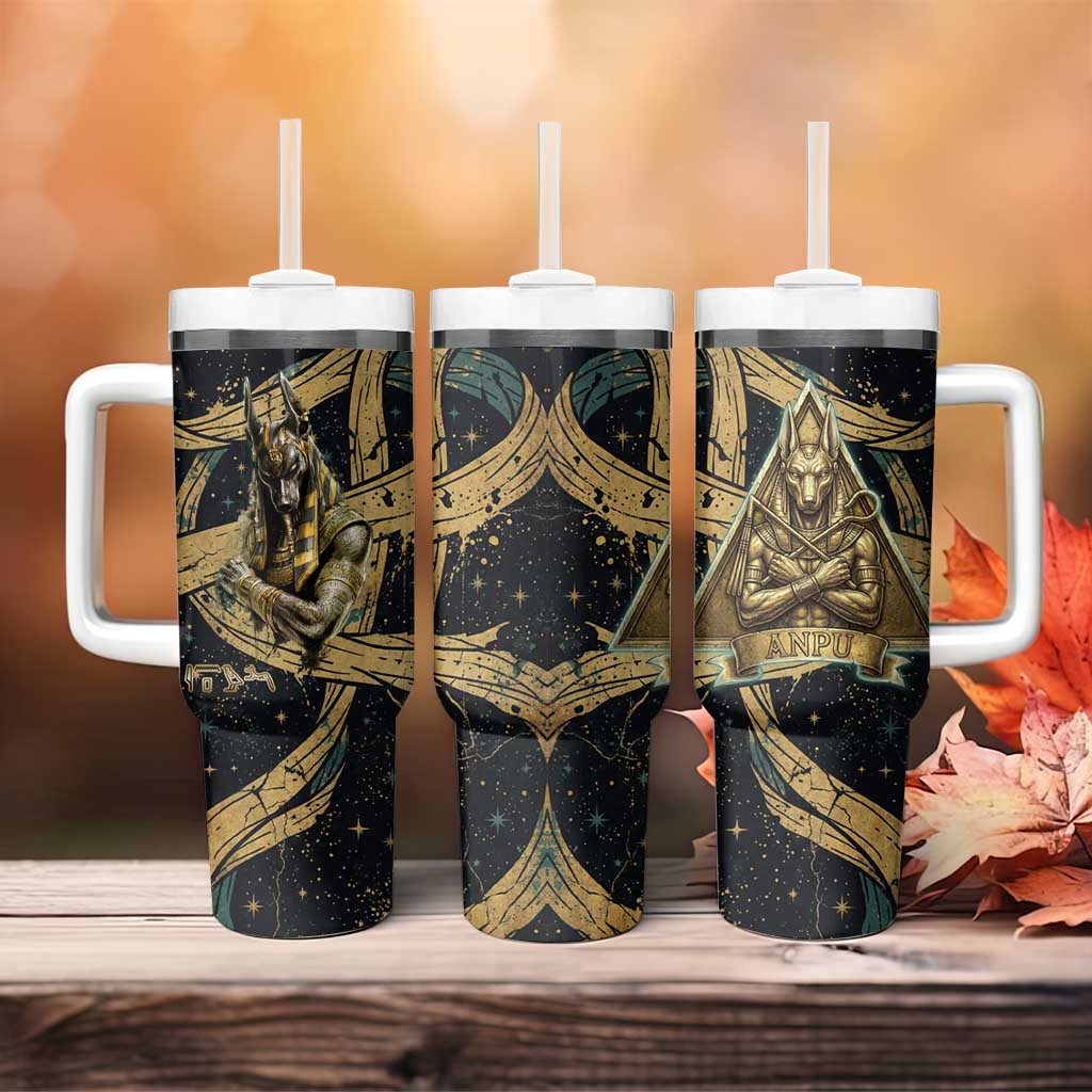 Anubis Ancient Egyptian Tumbler With Handle with Starry Mummy Wrap Pattern, Anubis Warrior Illustration, and Pyramid - Wonder Print Shop