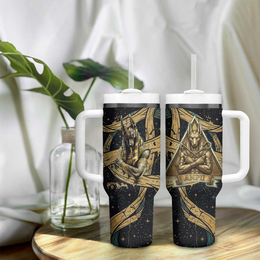 Anubis Ancient Egyptian Tumbler With Handle with Starry Mummy Wrap Pattern, Anubis Warrior Illustration, and Pyramid - Wonder Print Shop