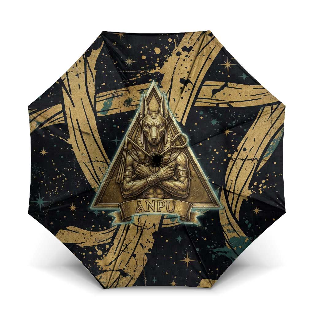 Anubis Ancient Egyptian Umbrella with Starry Mummy Wrap Pattern, Anubis Warrior Illustration, and Pyramid - Wonder Print Shop