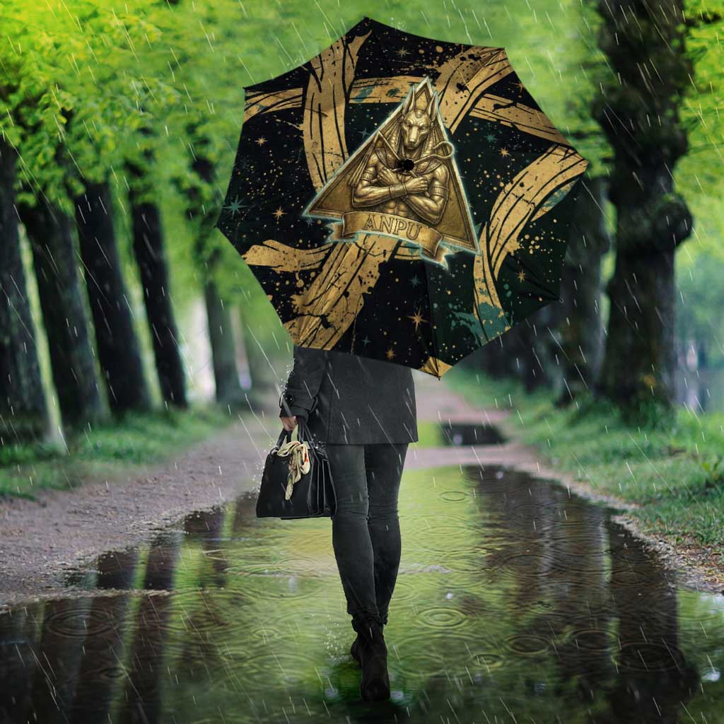 Anubis Ancient Egyptian Umbrella with Starry Mummy Wrap Pattern, Anubis Warrior Illustration, and Pyramid - Wonder Print Shop