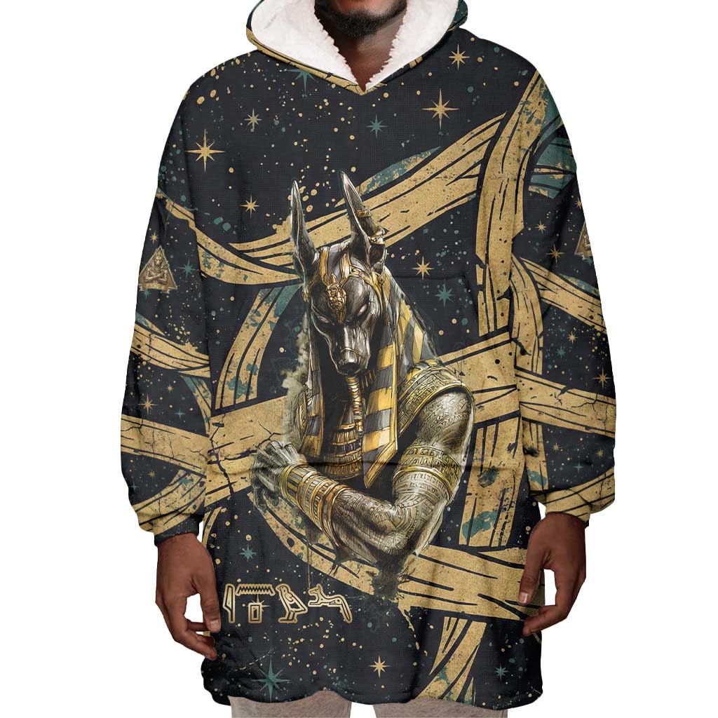 Anubis Ancient Egyptian Wearable Blanket Hoodie with Starry Mummy Wrap Pattern, Anubis Warrior Illustration, and Pyramid - Wonder Print Shop