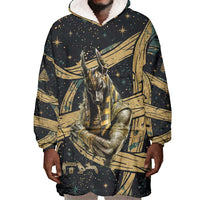 Anubis Ancient Egyptian Wearable Blanket Hoodie with Starry Mummy Wrap Pattern, Anubis Warrior Illustration, and Pyramid - Wonder Print Shop