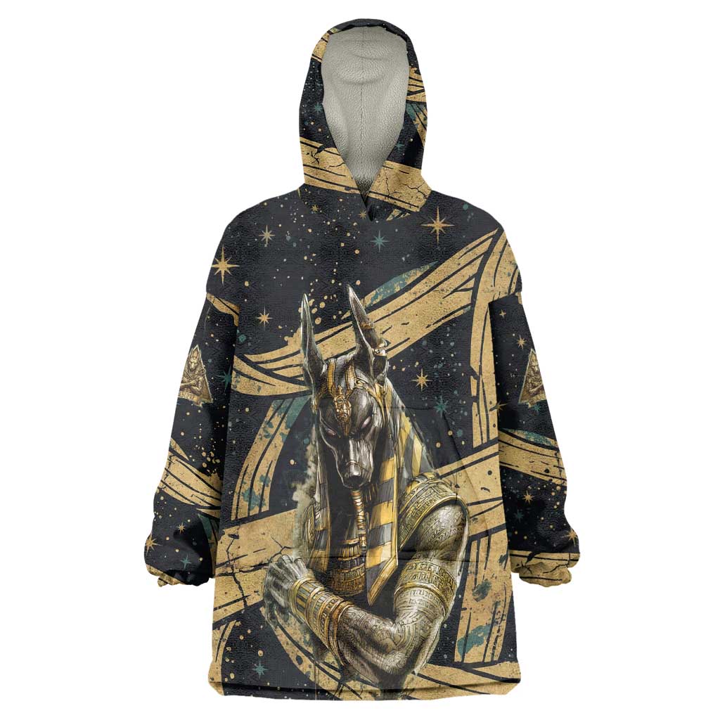 Anubis Ancient Egyptian Wearable Blanket Hoodie with Starry Mummy Wrap Pattern, Anubis Warrior Illustration, and Pyramid - Wonder Print Shop