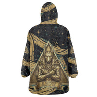 Anubis Ancient Egyptian Wearable Blanket Hoodie with Starry Mummy Wrap Pattern, Anubis Warrior Illustration, and Pyramid - Wonder Print Shop