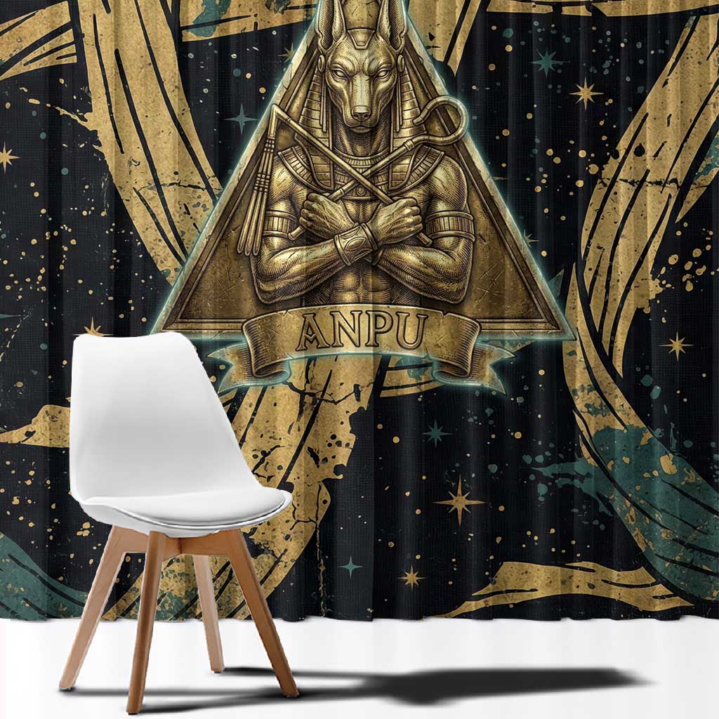 Anubis Ancient Egyptian Window Curtain with Starry Mummy Wrap Pattern, Anubis Warrior Illustration, and Pyramid - Wonder Print Shop