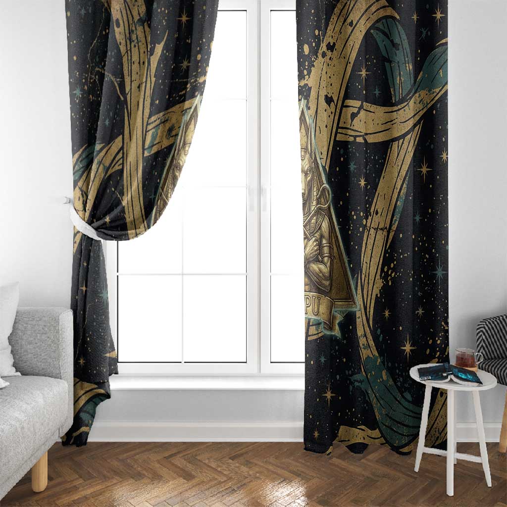 Anubis Ancient Egyptian Window Curtain with Starry Mummy Wrap Pattern, Anubis Warrior Illustration, and Pyramid - Wonder Print Shop