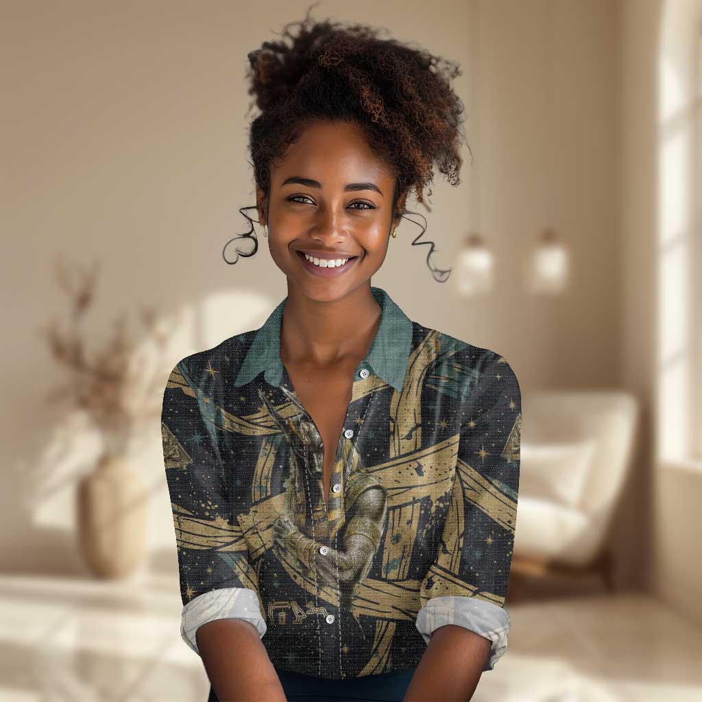 Anubis Ancient Egyptian Women Casual Shirt with Starry Mummy Wrap Pattern, Anubis Warrior Illustration, and Pyramid - Wonder Print Shop