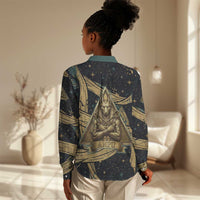 Anubis Ancient Egyptian Women Casual Shirt with Starry Mummy Wrap Pattern, Anubis Warrior Illustration, and Pyramid - Wonder Print Shop