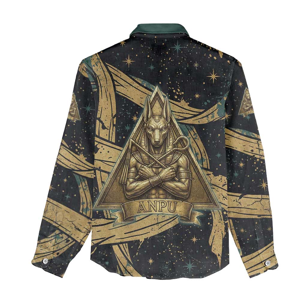 Anubis Ancient Egyptian Women Casual Shirt with Starry Mummy Wrap Pattern, Anubis Warrior Illustration, and Pyramid - Wonder Print Shop