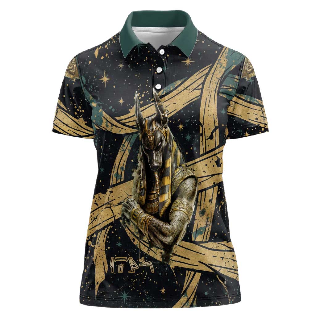 Anubis Ancient Egyptian Women Polo Shirt with Starry Mummy Wrap Pattern, Anubis Warrior Illustration, and Pyramid - Wonder Print Shop