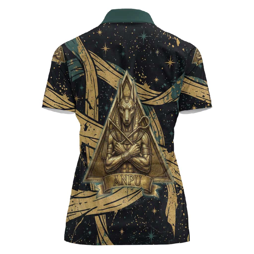 Anubis Ancient Egyptian Women Polo Shirt with Starry Mummy Wrap Pattern, Anubis Warrior Illustration, and Pyramid - Wonder Print Shop
