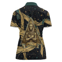 Anubis Ancient Egyptian Women Polo Shirt with Starry Mummy Wrap Pattern, Anubis Warrior Illustration, and Pyramid - Wonder Print Shop