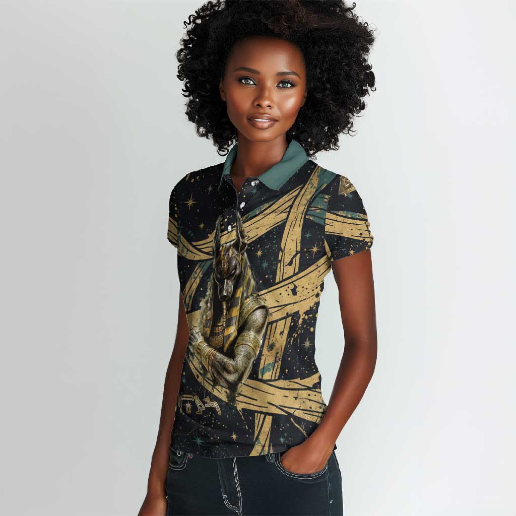 Anubis Ancient Egyptian Women Polo Shirt with Starry Mummy Wrap Pattern, Anubis Warrior Illustration, and Pyramid - Wonder Print Shop