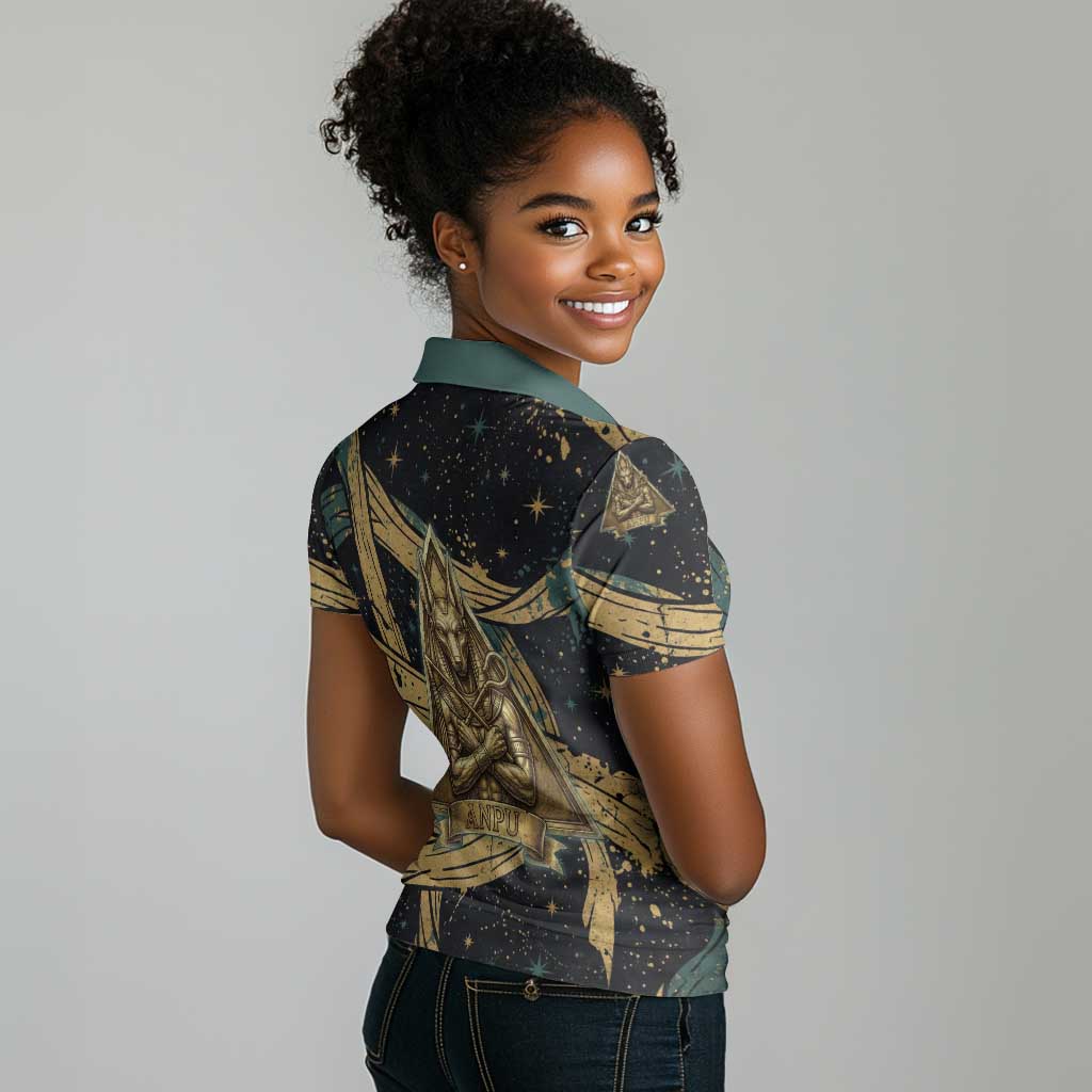 Anubis Ancient Egyptian Women Polo Shirt with Starry Mummy Wrap Pattern, Anubis Warrior Illustration, and Pyramid - Wonder Print Shop
