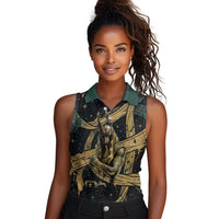 Anubis Ancient Egyptian Women Sleeveless Polo Shirt with Starry Mummy Wrap Pattern, Anubis Warrior Illustration, and Pyramid - Wonder Print Shop