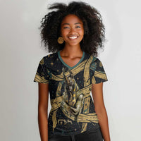 Anubis Ancient Egyptian Women V-Neck T-Shirt with Starry Mummy Wrap Pattern, Anubis Warrior Illustration, and Pyramid - Wonder Print Shop