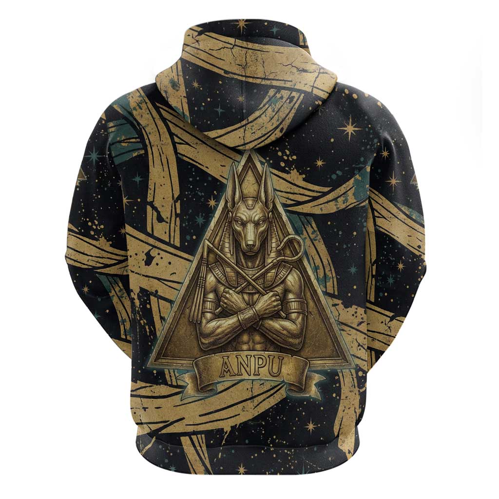 Anubis Ancient Egyptian Zip Hoodie with Starry Mummy Wrap Pattern, Anubis Warrior Illustration, and Pyramid - Wonder Print Shop