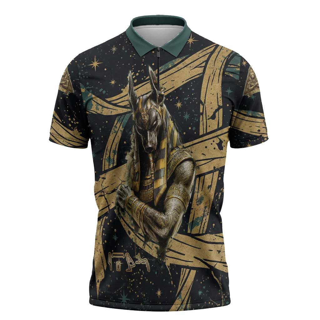 Anubis Ancient Egyptian Zipper Polo Shirt with Starry Mummy Wrap Pattern, Anubis Warrior Illustration, and Pyramid - Wonder Print Shop