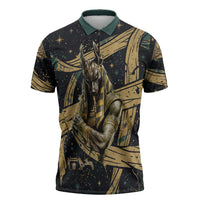Anubis Ancient Egyptian Zipper Polo Shirt with Starry Mummy Wrap Pattern, Anubis Warrior Illustration, and Pyramid - Wonder Print Shop