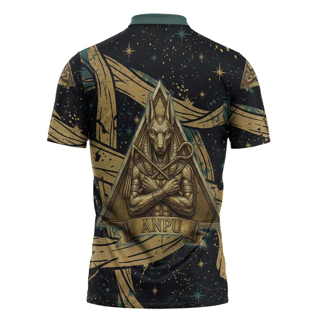 Anubis Ancient Egyptian Zipper Polo Shirt with Starry Mummy Wrap Pattern, Anubis Warrior Illustration, and Pyramid - Wonder Print Shop