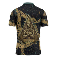 Anubis Ancient Egyptian Zipper Polo Shirt with Starry Mummy Wrap Pattern, Anubis Warrior Illustration, and Pyramid - Wonder Print Shop