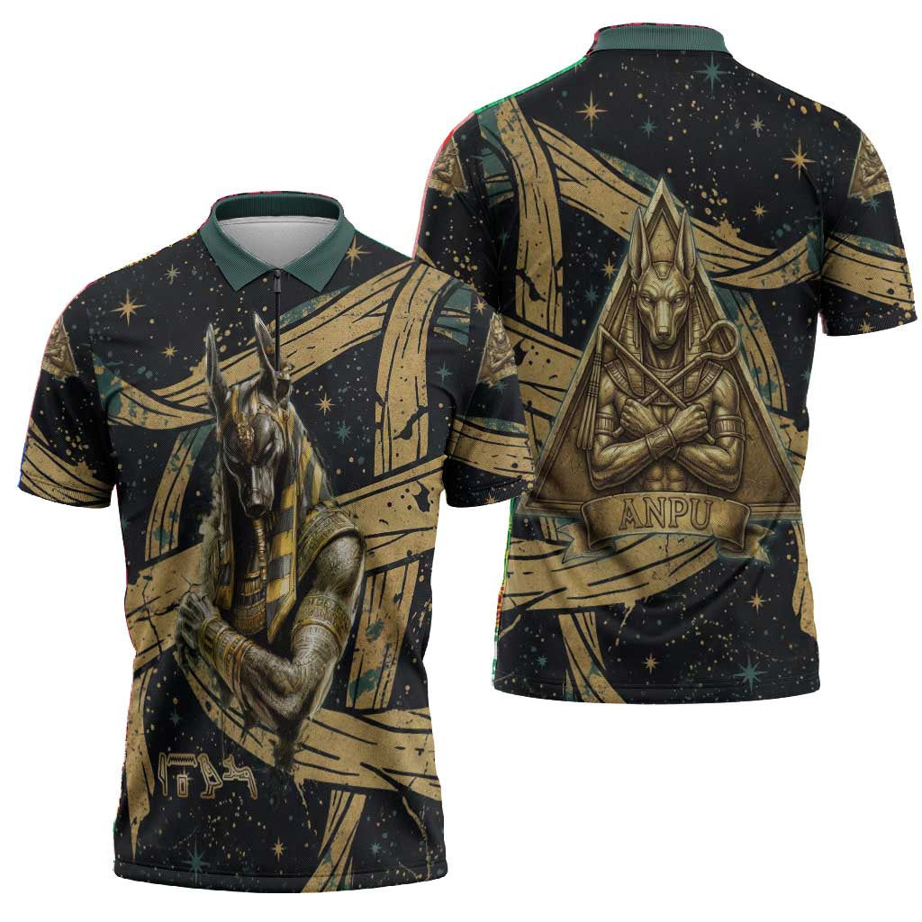 Anubis Ancient Egyptian Zipper Polo Shirt with Starry Mummy Wrap Pattern, Anubis Warrior Illustration, and Pyramid - Wonder Print Shop