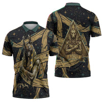 Anubis Ancient Egyptian Zipper Polo Shirt with Starry Mummy Wrap Pattern, Anubis Warrior Illustration, and Pyramid - Wonder Print Shop