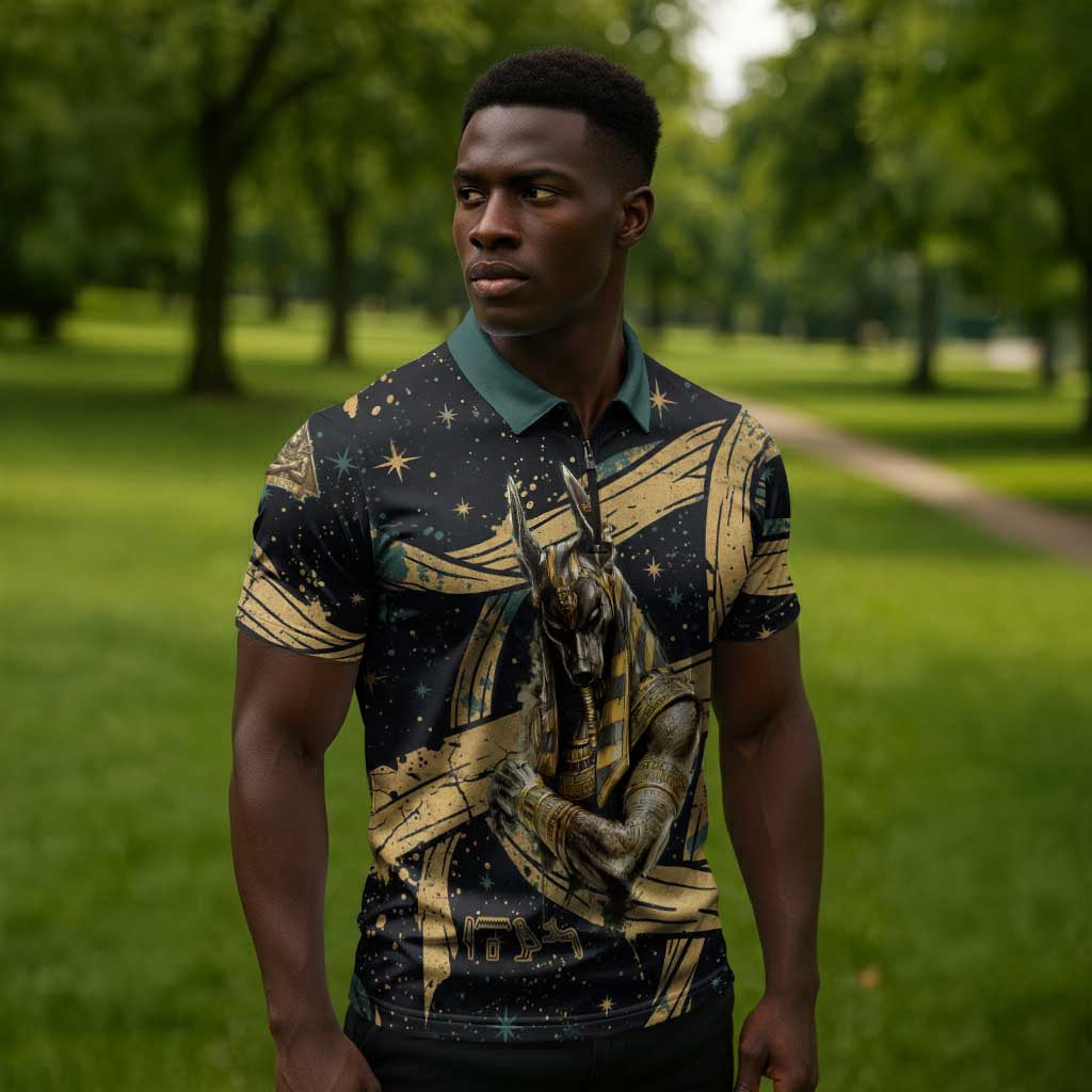 Anubis Ancient Egyptian Zipper Polo Shirt with Starry Mummy Wrap Pattern, Anubis Warrior Illustration, and Pyramid - Wonder Print Shop