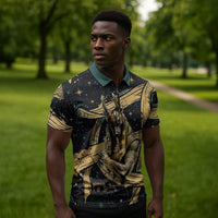 Anubis Ancient Egyptian Zipper Polo Shirt with Starry Mummy Wrap Pattern, Anubis Warrior Illustration, and Pyramid - Wonder Print Shop