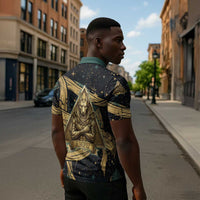 Anubis Ancient Egyptian Zipper Polo Shirt with Starry Mummy Wrap Pattern, Anubis Warrior Illustration, and Pyramid - Wonder Print Shop