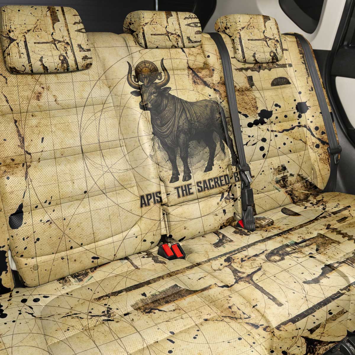 Apis Back Car Seat Cover Ancient Egyptian Papyrus Map, Egyptian Crown Bull Illustration - Wonder Print Shop
