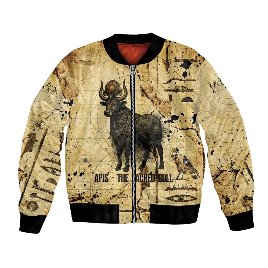Apis Bomber Jacket Ancient Egyptian Papyrus Map, Egyptian Crown Bull Illustration - Wonder Print Shop