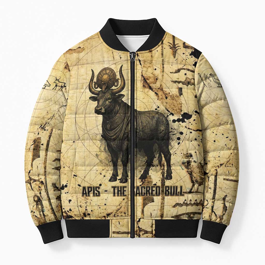 Apis Bomber Puffer Jacket Ancient Egyptian Papyrus Map, Egyptian Crown Bull Illustration - Wonder Print Shop