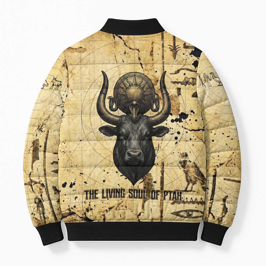 Apis Bomber Puffer Jacket Ancient Egyptian Papyrus Map, Egyptian Crown Bull Illustration - Wonder Print Shop