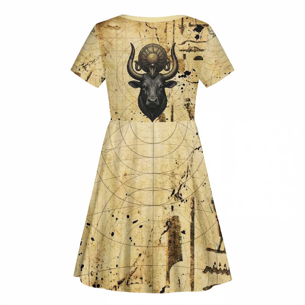 Apis Kid Short Sleeve Dress Ancient Egyptian Papyrus Map, Egyptian Crown Bull Illustration - Wonder Print Shop