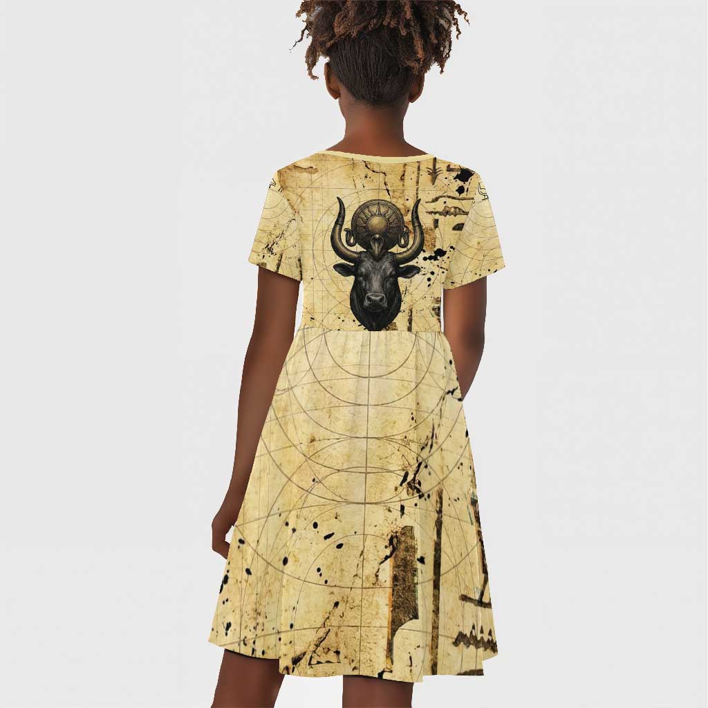 Apis Kid Short Sleeve Dress Ancient Egyptian Papyrus Map, Egyptian Crown Bull Illustration - Wonder Print Shop