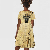 Apis Kid Short Sleeve Dress Ancient Egyptian Papyrus Map, Egyptian Crown Bull Illustration - Wonder Print Shop