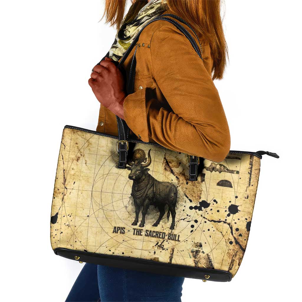 Apis Leather Tote Bag Ancient Egyptian Papyrus Map, Egyptian Crown Bull Illustration - Wonder Print Shop