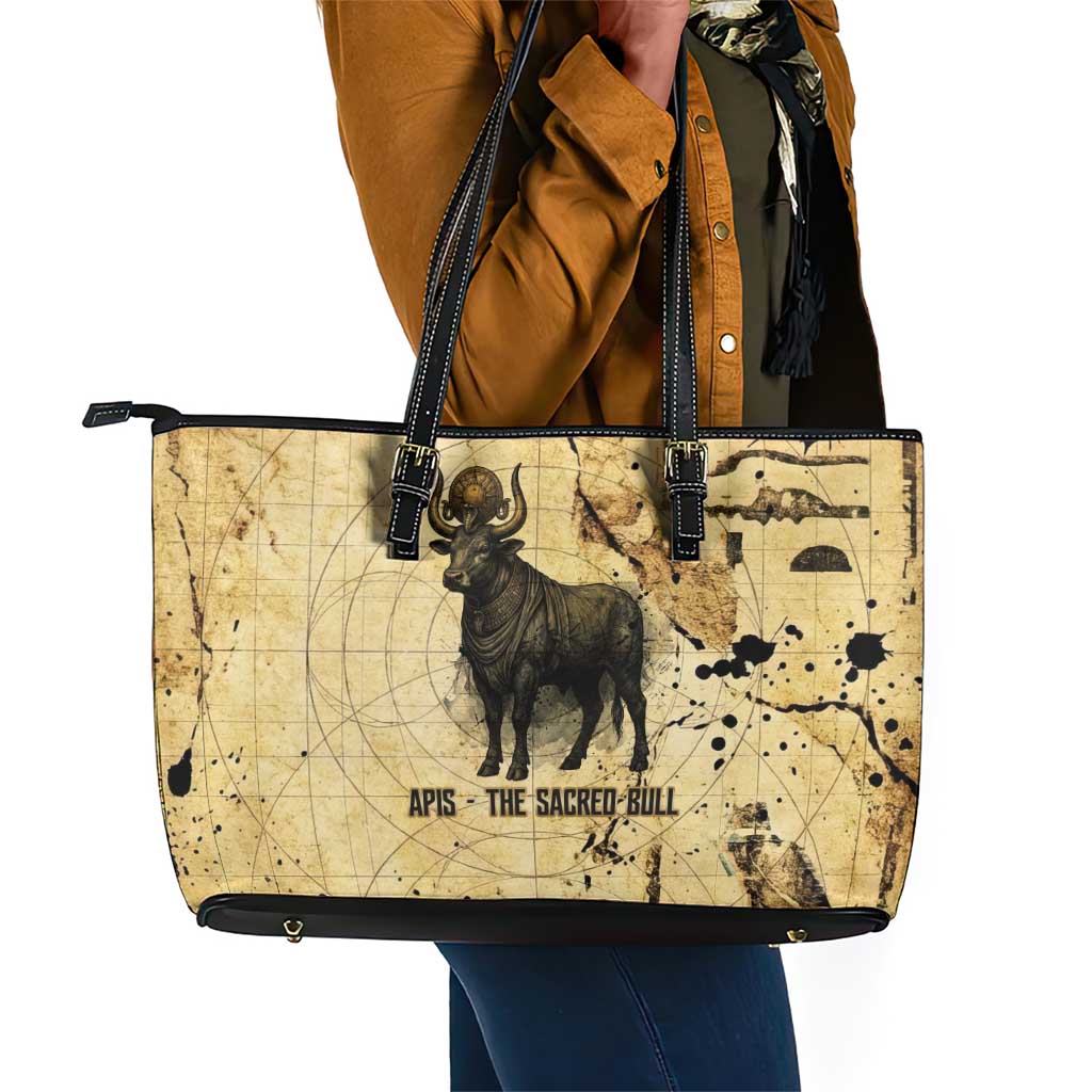 Apis Leather Tote Bag Ancient Egyptian Papyrus Map, Egyptian Crown Bull Illustration - Wonder Print Shop
