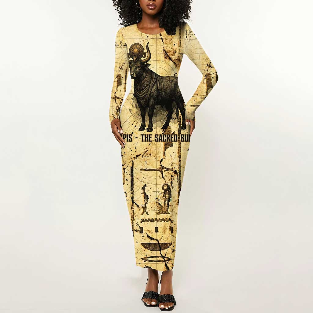 Apis Long Sleeve Bodycon Dress Ancient Egyptian Papyrus Map, Egyptian Crown Bull Illustration - Wonder Print Shop