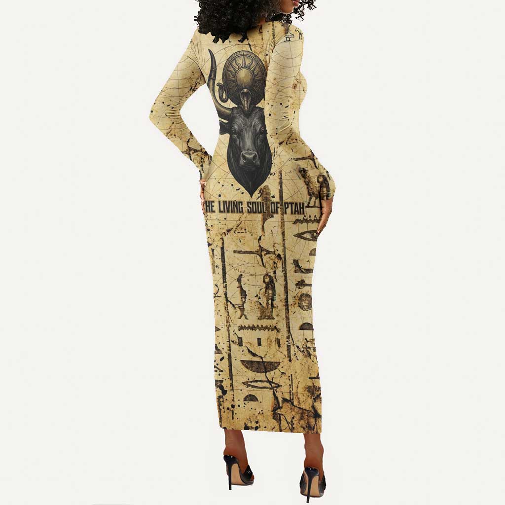 Apis Long Sleeve Bodycon Dress Ancient Egyptian Papyrus Map, Egyptian Crown Bull Illustration - Wonder Print Shop