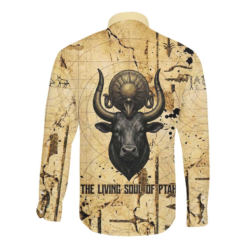 Apis Long Sleeve Button Shirt Ancient Egyptian Papyrus Map, Egyptian Crown Bull Illustration - Wonder Print Shop