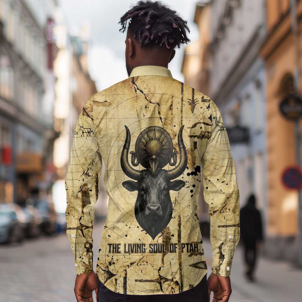 Apis Long Sleeve Button Shirt Ancient Egyptian Papyrus Map, Egyptian Crown Bull Illustration - Wonder Print Shop