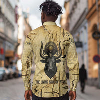 Apis Long Sleeve Button Shirt Ancient Egyptian Papyrus Map, Egyptian Crown Bull Illustration - Wonder Print Shop