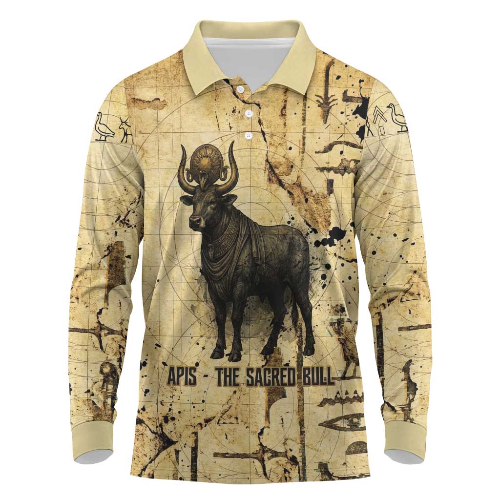 Apis Long Sleeve Polo Shirt Ancient Egyptian Papyrus Map, Egyptian Crown Bull Illustration - Wonder Print Shop