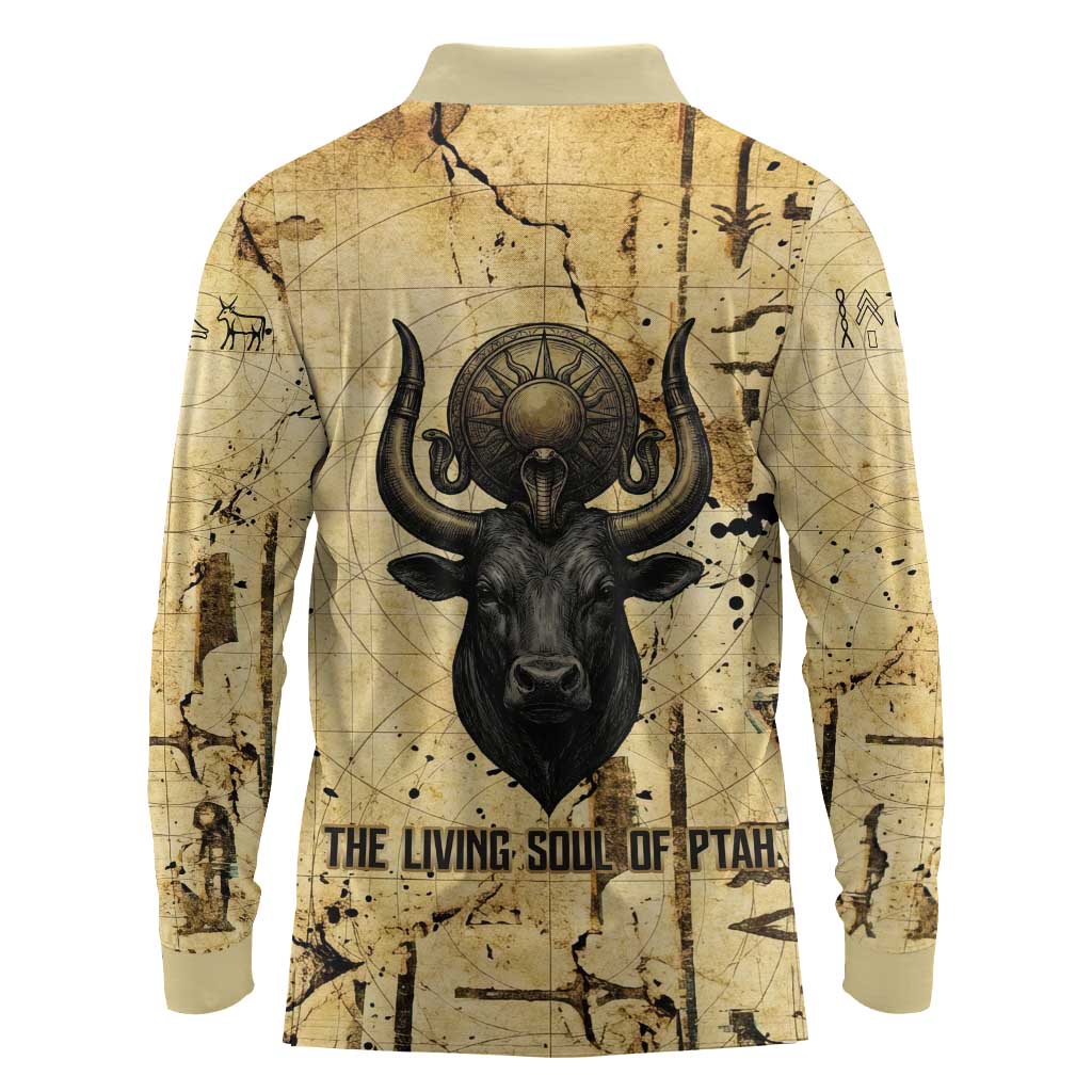 Apis Long Sleeve Polo Shirt Ancient Egyptian Papyrus Map, Egyptian Crown Bull Illustration - Wonder Print Shop